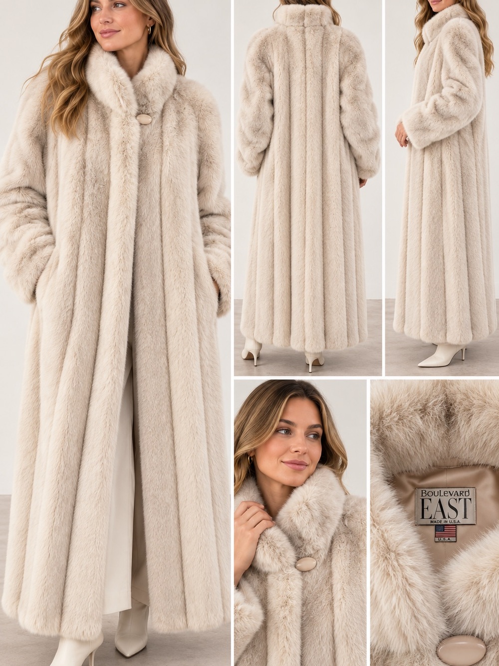 Vintage Boulevard East Faux Fur Full Length Coat cream taupe USA